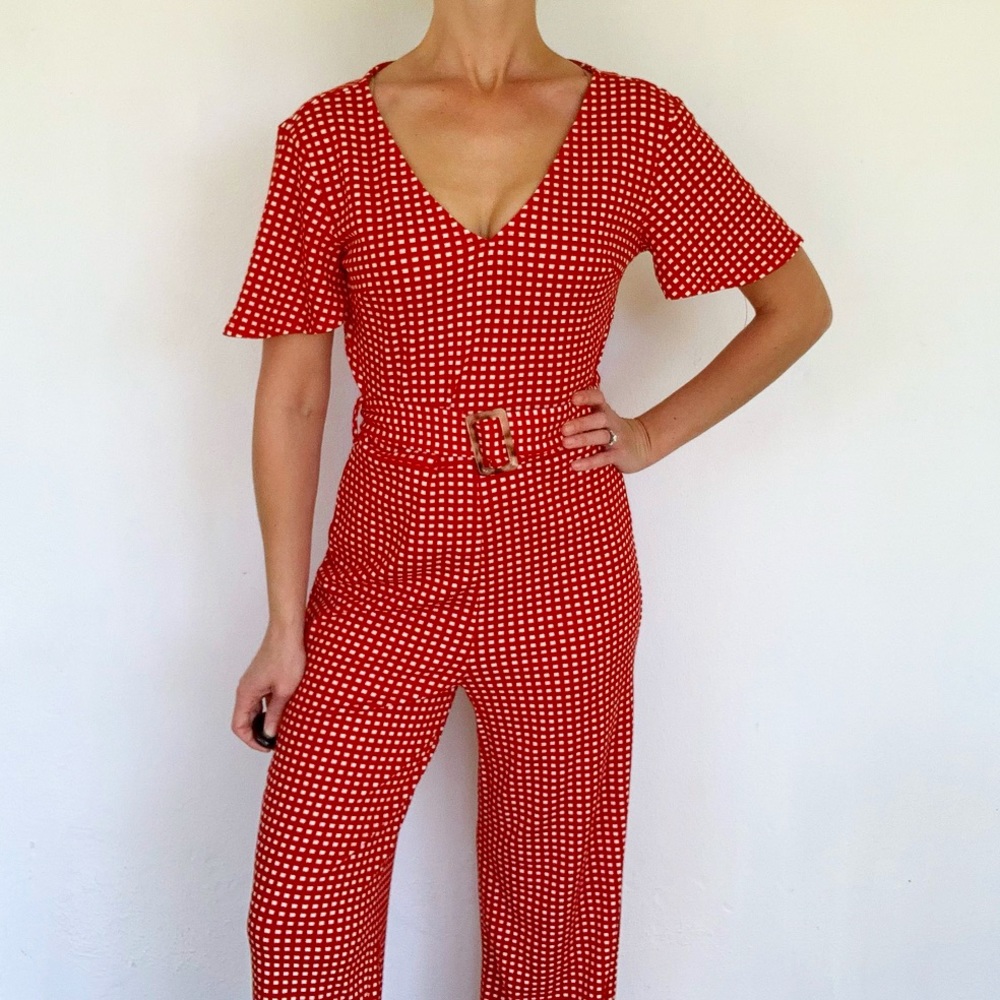 Monteau red white checkered plaid belted jumpsuit size XS